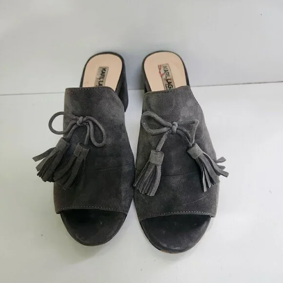 Karl Lagerfeld Holly Suede Block Heel Bow Tassel Mules Size 6M - Picture 3 of 9